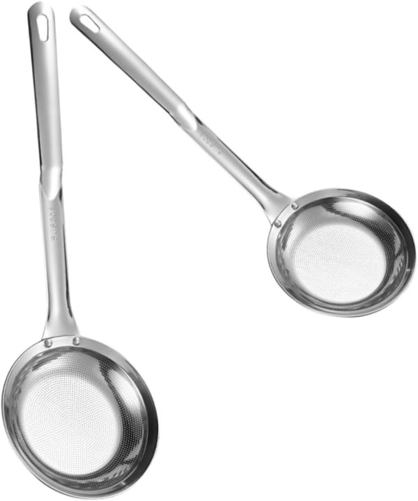 2pcs Fine Mesh Stainless Steel Oil Skimmer Spoon Filter Strainer for Cooking Ergonomic Handle Design for Oil Filtration and Juice