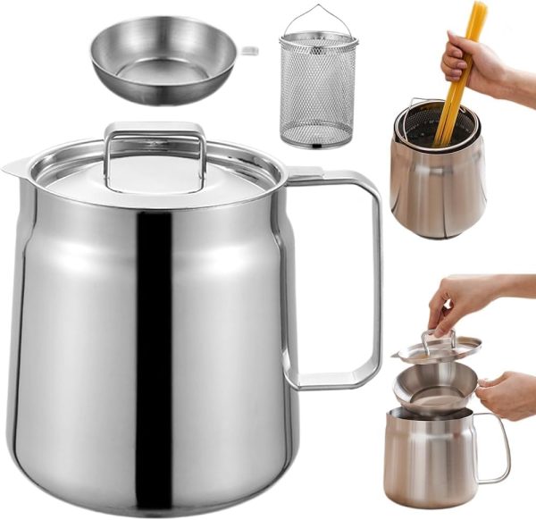 304 Stainless Steel Oil kettle pot Filter Container with Fine Mesh Filter, Leakage Net, Dust Cover Large Capacity Oil Storage Can Grease Strainer and Container for Kitchen Cooking (2L)(68Oz)
