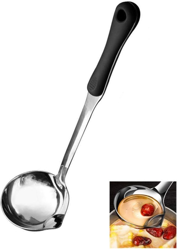 Advanced Stainless Steel Soup ladle, Long Plastic Handle Soup Residue Separator, Kitchen Colander Filtering Grease Large Spoon