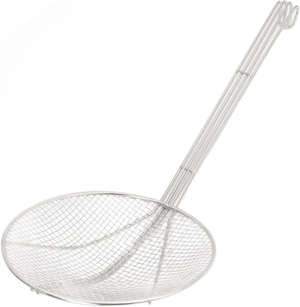 Stainless Steel Skimmer Strainer, Fat Skimmer Spoon Food Strainer with Long Handle, Fine Mesh Wire Strainer Ladle with Hook for Cooking and Frying (20CM)