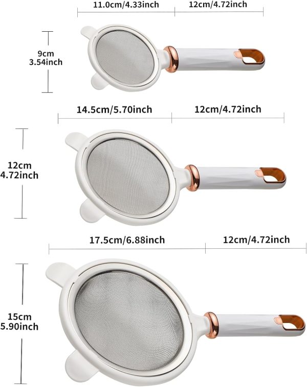 Fine Mesh Strainer Set, 3.54"/4.72"/5.9" 304 Stainless Steel Skimmer Spoon Sieves with Handles for Kitchen Baking Oil Filter Flour Sifter Foam - White - Image 2