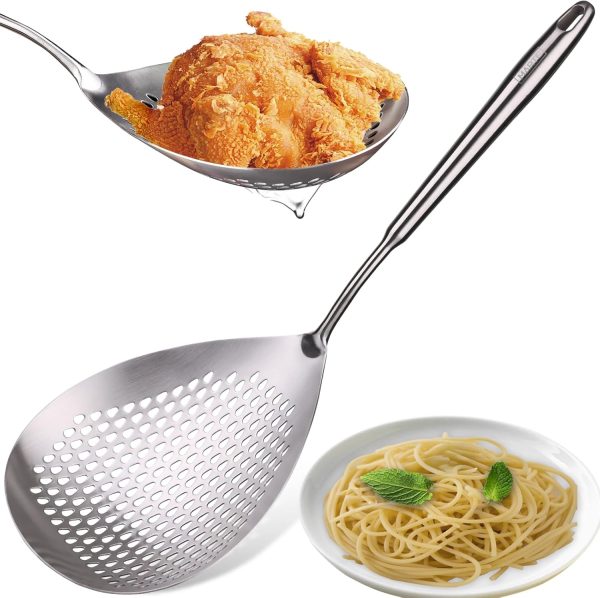 Skimmer Slotted Spoon -17in 304 Stainless Steel Pasta Spider Strainer Skimmer Ladle Spoon for Cooking and Frying - Kitchen Large Metal Scoop Colander Strainer Spoon with Heat Resistant Handle