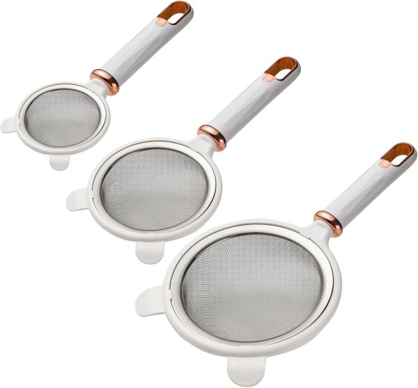 Fine Mesh Strainer Set, 3.54"/4.72"/5.9" 304 Stainless Steel Skimmer Spoon Sieves with Handles for Kitchen Baking Oil Filter Flour Sifter Foam - White