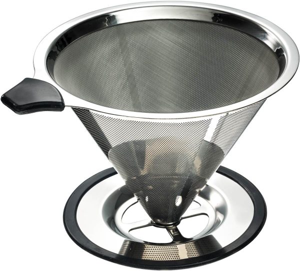 Stainless Steel Pour Over Coffee Cone Dripper with Cup Stand - Paperless and Reusable - Ultra Fine Micro Mesh Filter - BONUS: Coffee Scooping Spoon + Cleaning Brush - [1-4 Cup]
