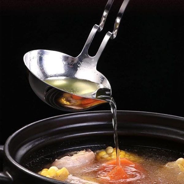 Fat Separator Spoon, 316 Stainless Steel Fat Separator - 13.4" Long Handle soup ladle & filter scoop, oil separator for cooking with Pot-Side Hanging, stainless steel ladle, Kitchen
